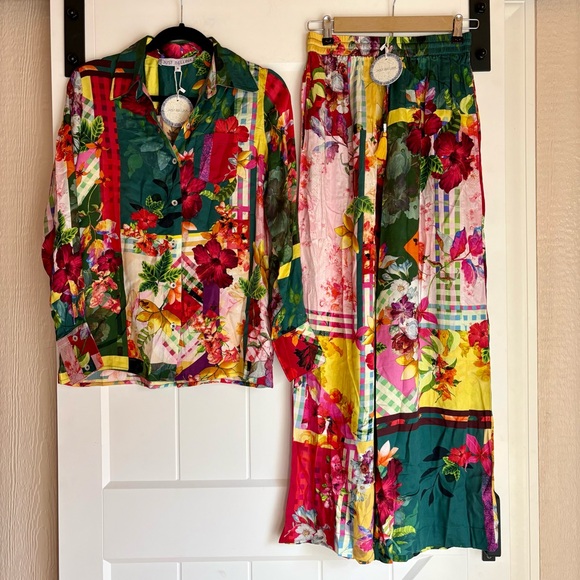 Just Bellina Tops - Just Bellina Tropical Floral Patchwork 2 Piece Set Blouse & Wide Leg Pant Set